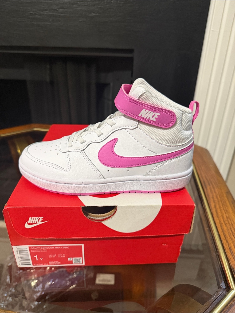 Nike White and Pink Youth Mid-Top Sneaker